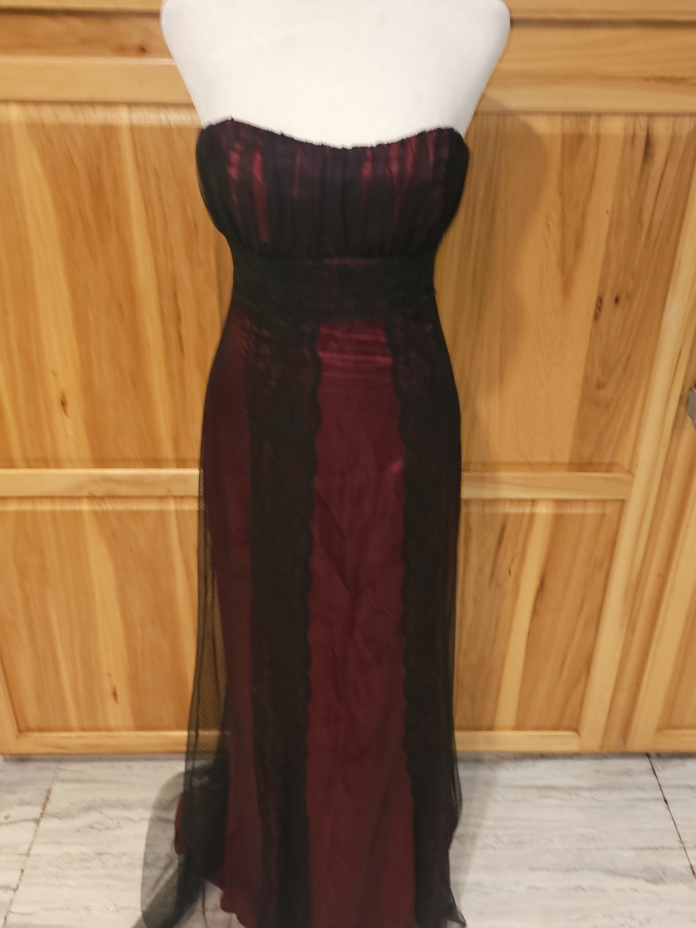 Strapless Red Evening Gown with Black Lace Overlay